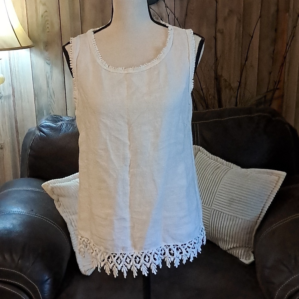 Valentina Naldi Embroidered White Linen Top Made In Italy Sleeveless Euro Summer